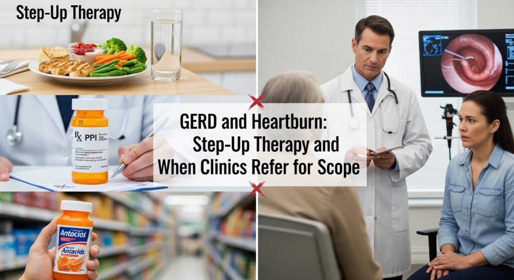 GERD and Heartburn: Step-Up Therapy and When Clinics Refer for Scope