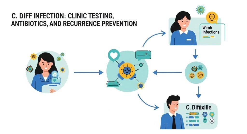 C diff Infection: Clinic Testing, Antibiotics, and Recurrence Prevention
