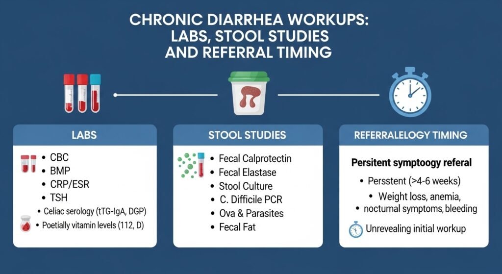 Chronic Diarrhea Workups: Labs, Stool Studies, and Referral Timing